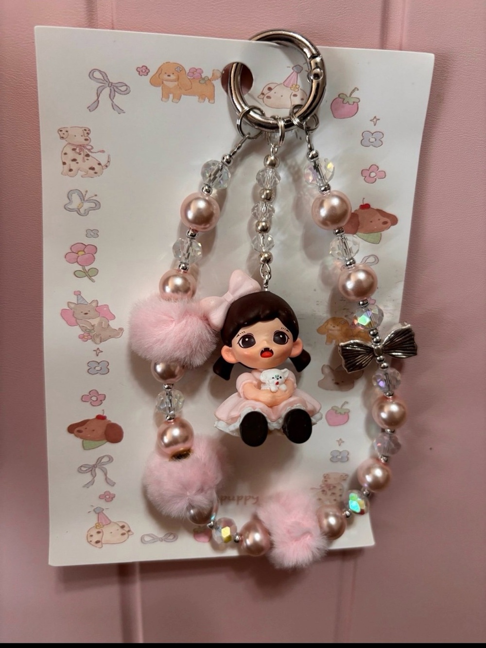 Pink Doll Charm Keychain with Beads and Pom-Poms